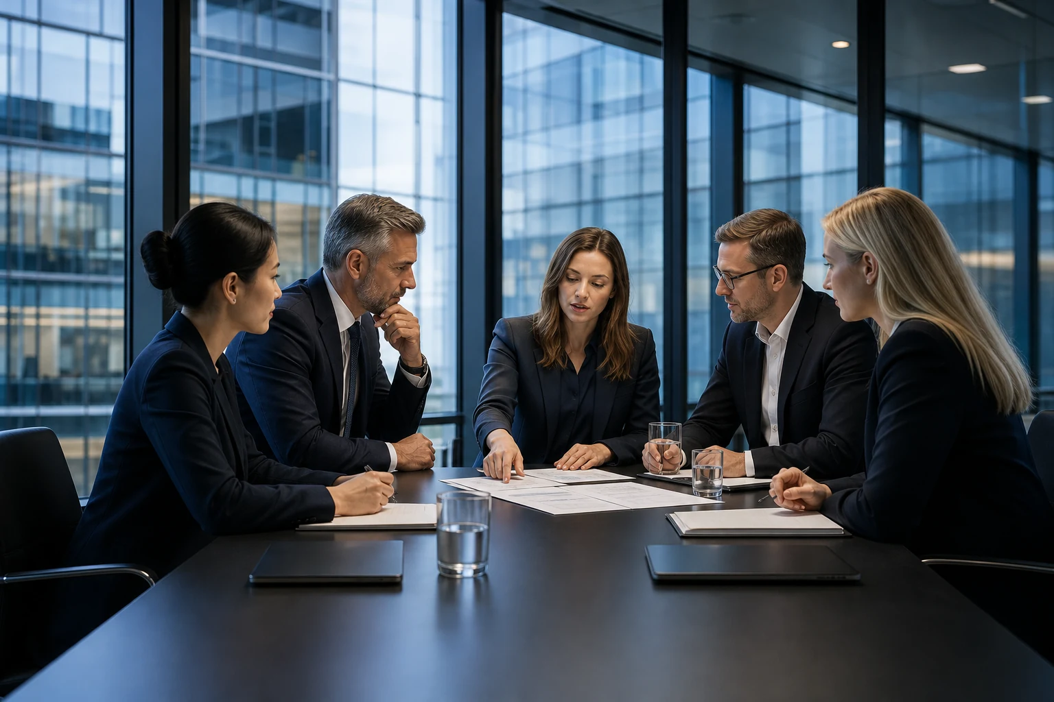 Corporate advisers reviewing governance documents in a Nordic boardroom