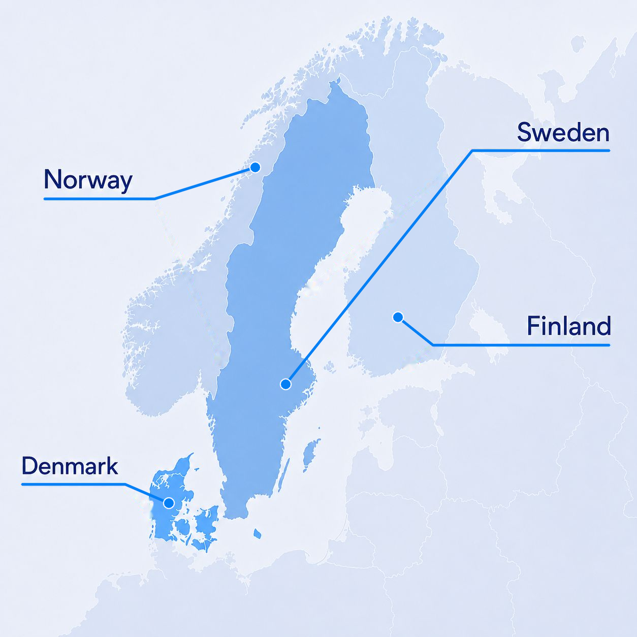 Nordic map showing Norway, Sweden, Finland and Denmark with northwestern Russia in geographic context